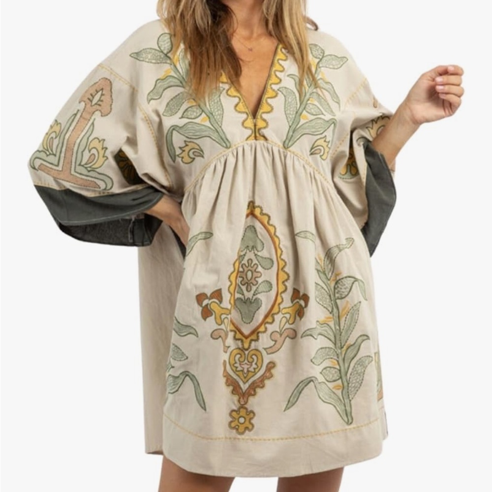 Embroidered Boho mini dress in taupe and Olive